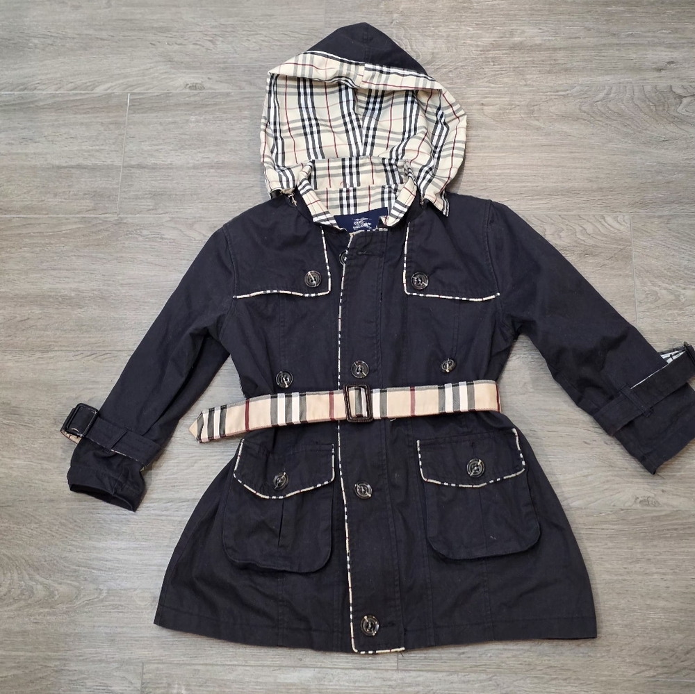 Burberry London Girls Hooded Trench Coat Sz 8-10 Large Navy Blue Button & Zip Up